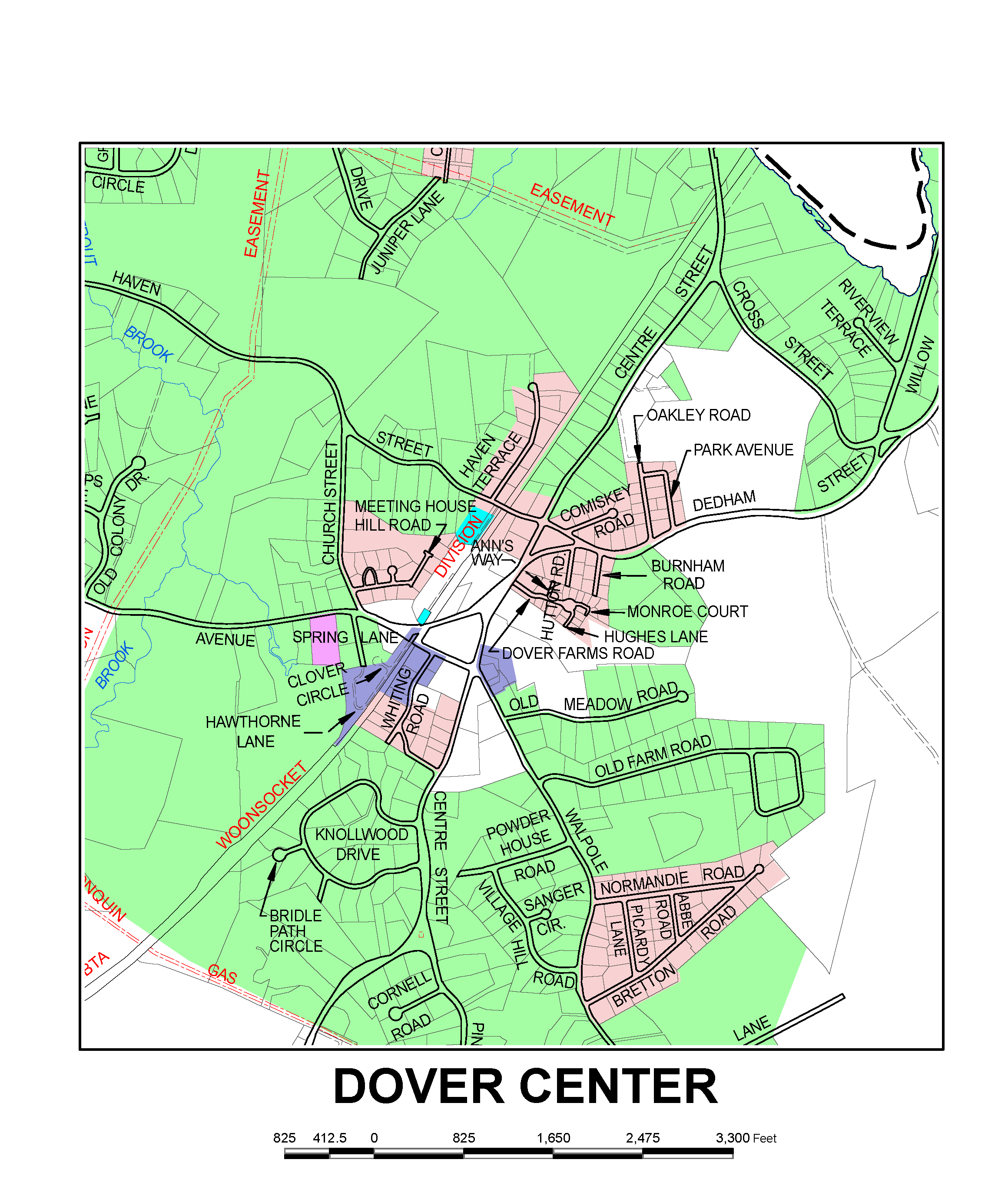 Zoning Map of Dover, MA town center