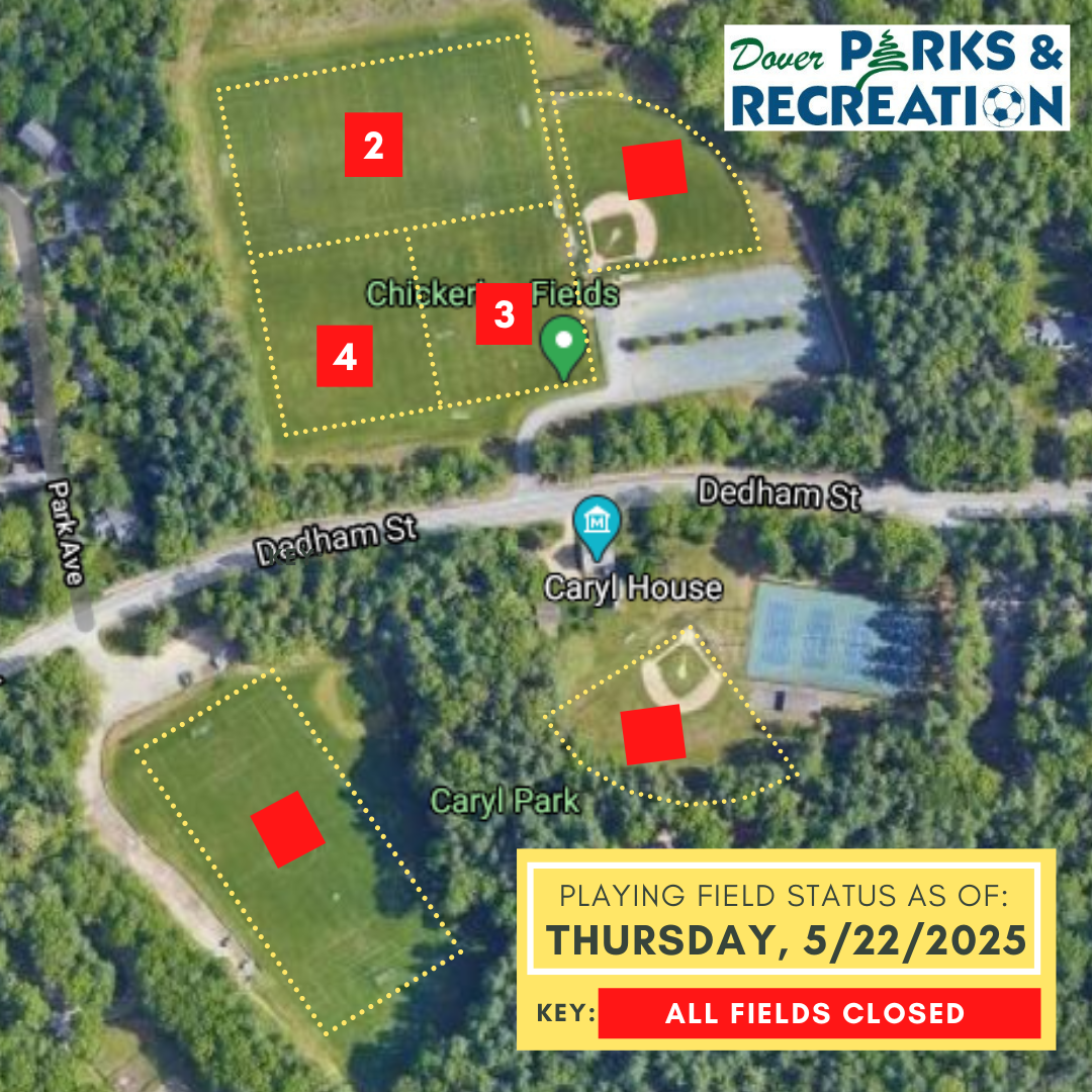 Satellite image of athletic fields play status: Green=Open, Blue=Caution, Red=Closed
