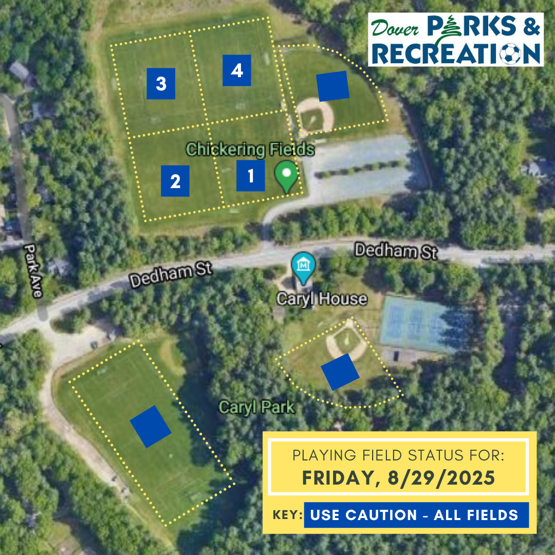 Satellite image of athletic fields play status: Green=Open, Blue=Caution, Red=Closed