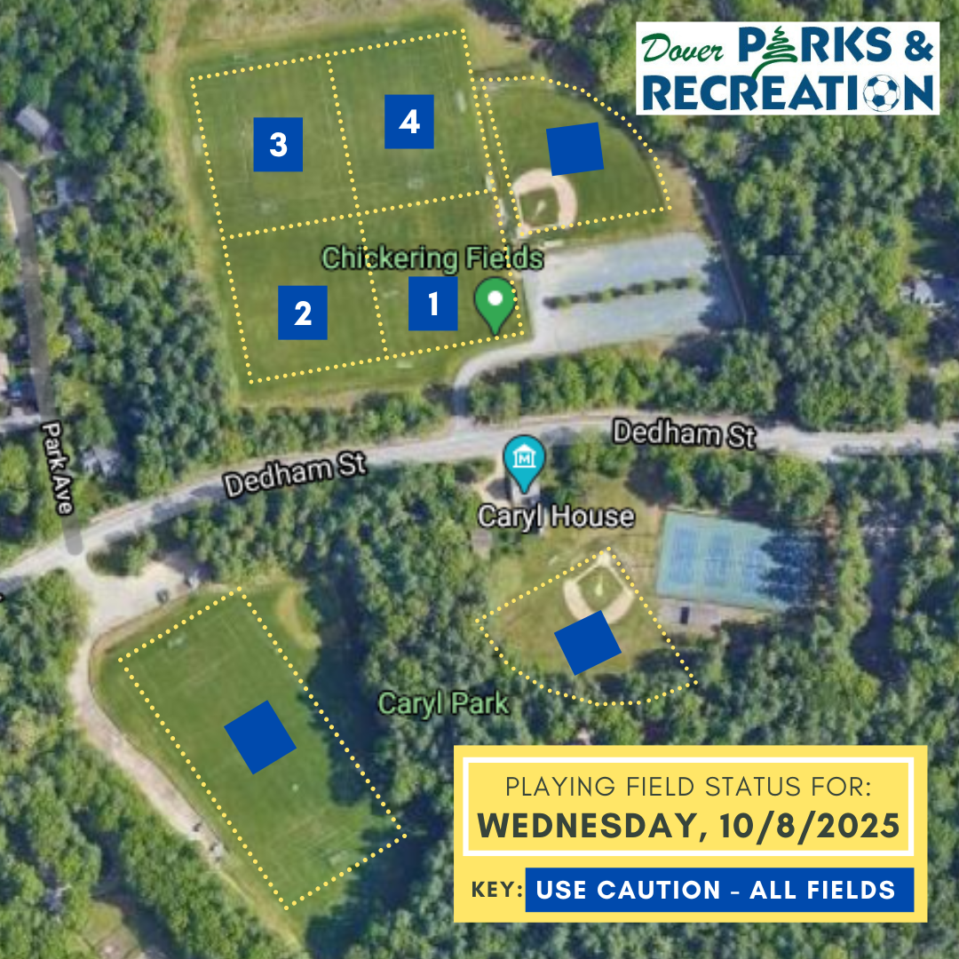 Satellite image of athletic fields play status: Green=Open, Blue=Caution, Red=Closed