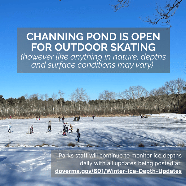 Frozen pond with children ice skating under bright blue sky (with text)