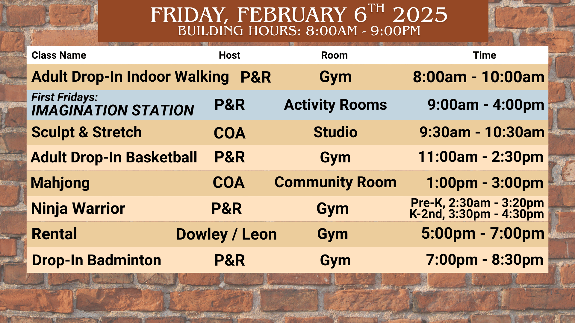  (all text) Community Center Schedule, 2/6